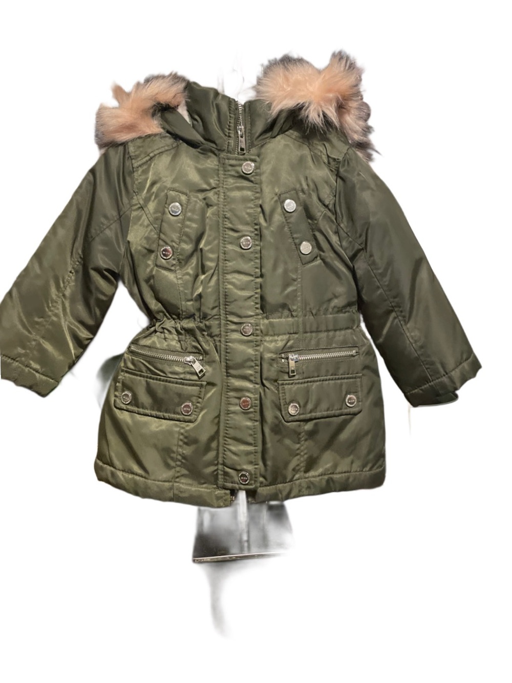 Urban Republic Girls Olive Green Hooded Winter Coat with Faux Pink Fur Trim 2T